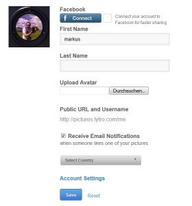Screenshot: Lytro User Account management page with new options (Avatar, Email Notifications, Country)