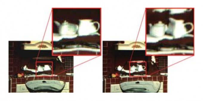 Abb. 2: Hintergrundverzerrung in Abhängigkeit der Perspektive eines Lichtfeld-Bildes(Bild: Maeno et al. 2013)