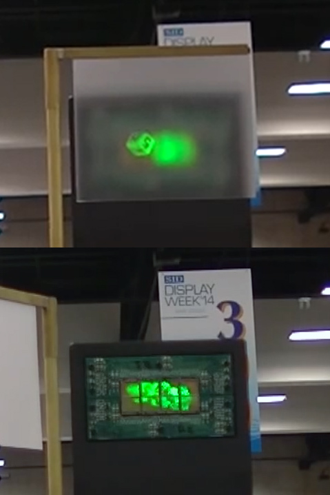 Ostendo's Quantum Photonic Imager Chips produce real 3D images with depth (top: resulting image with diffuser, bottom: actual QPI array; Youtube Screenshot via InsightMediaTV1)